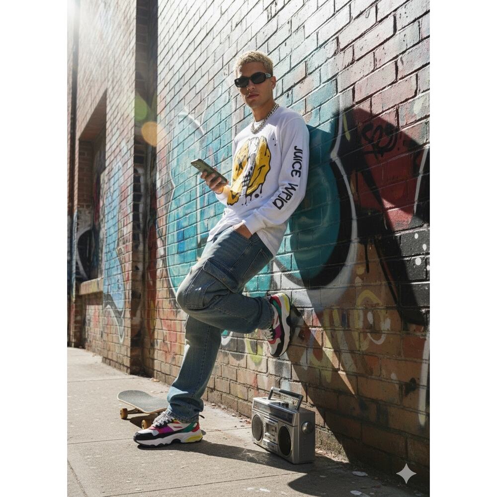 Juice WRLD Melting Skull Smiley Long Sleeve Graphic Tee Size Small